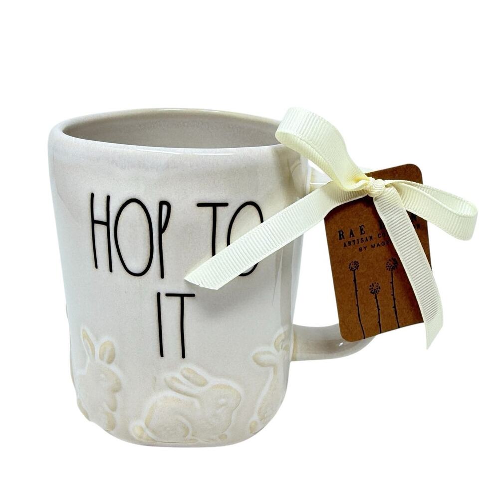 Rae Dunn HOP TO IT Easter Bunny Mug White Ceramic Coffee Cup NWT Farmhouse